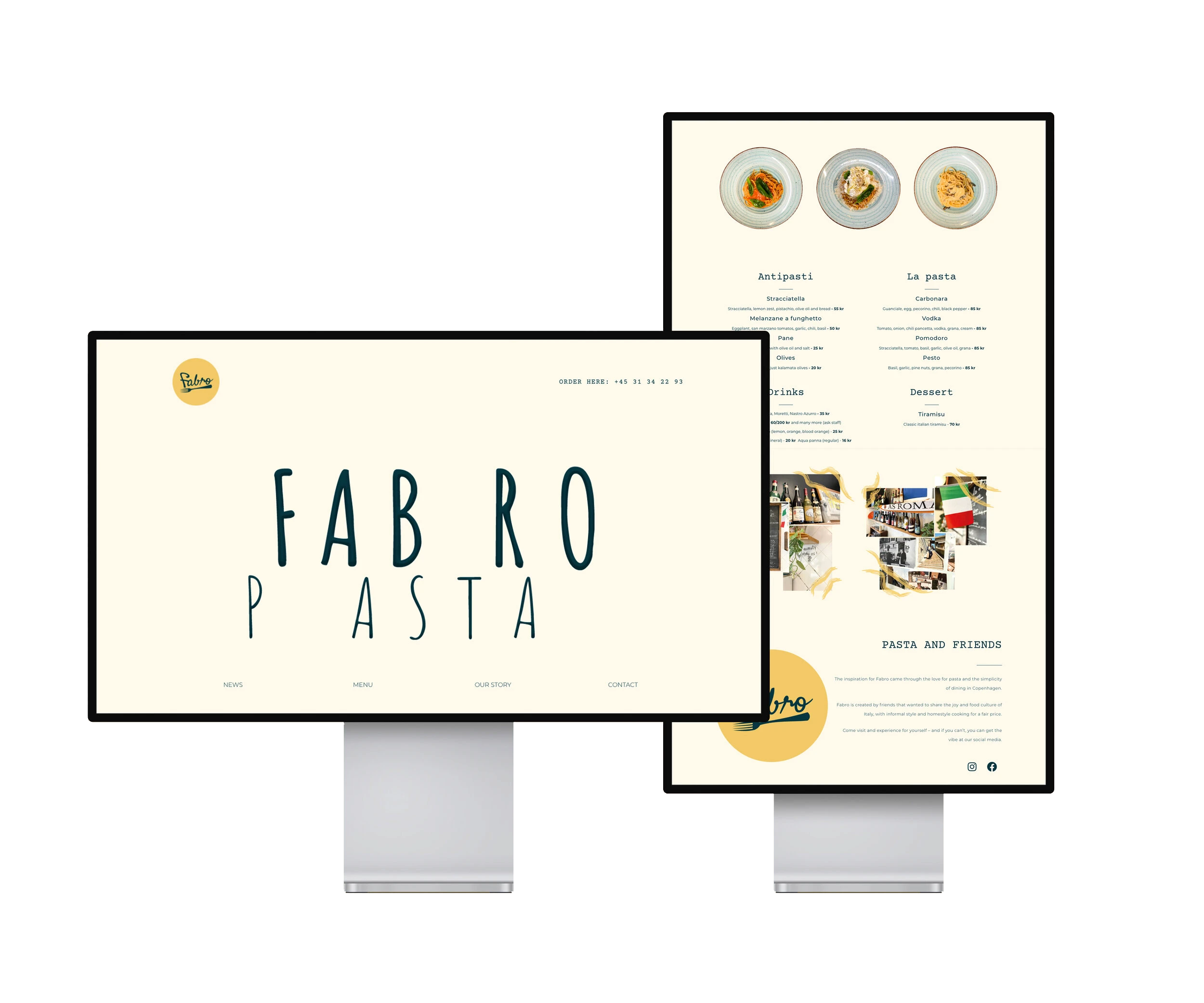 Fabro Pasta website mockup — homepage and menu